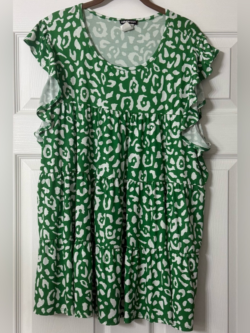 HEIMISH USA Green and White Leopard Tiered Ruffle Tunic